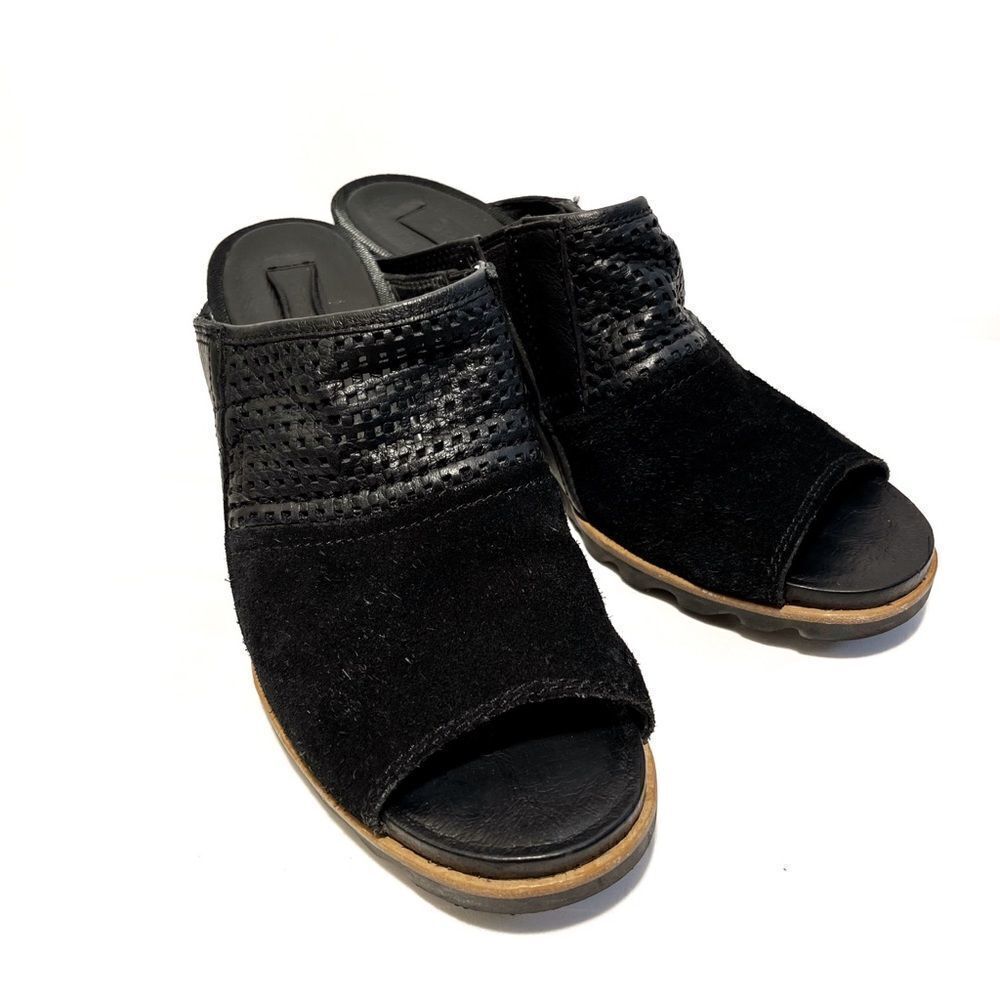 Sorel Joanie Black Suede and Laser Cut Leather Slide Mules - Picture 2 of 13